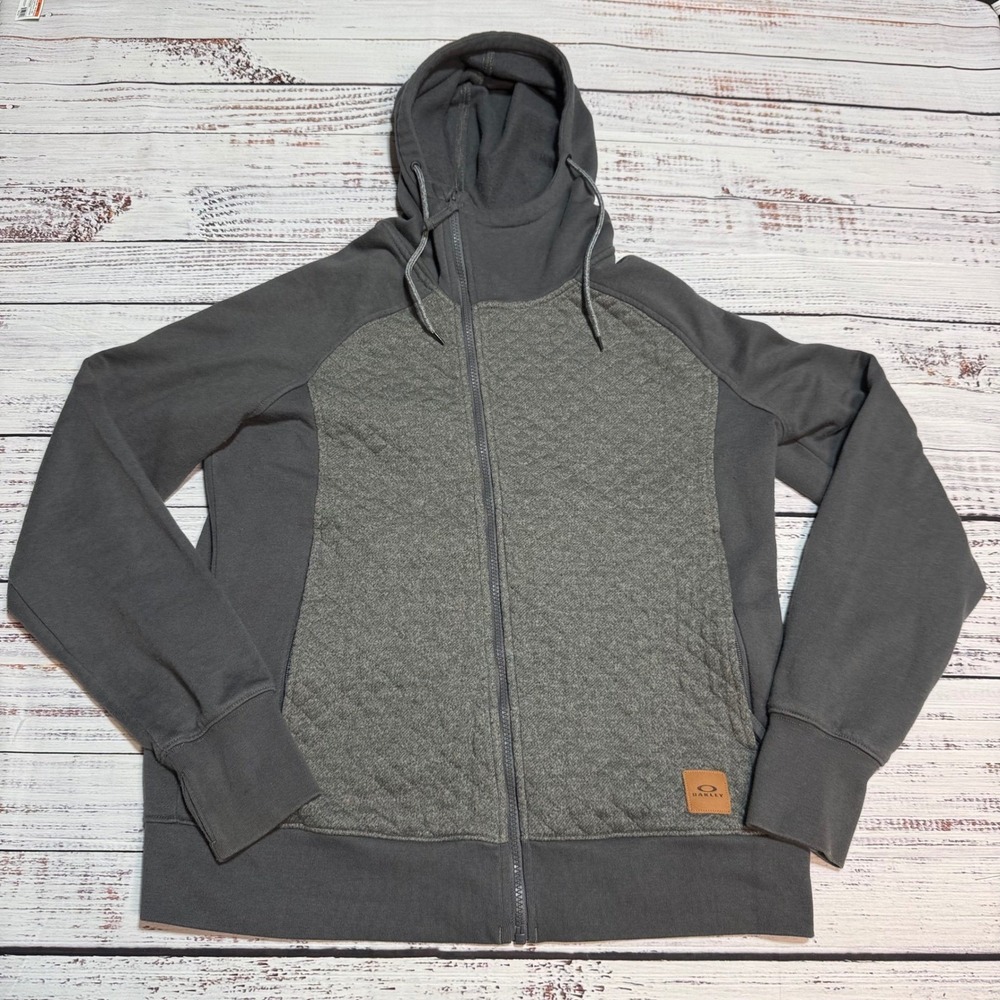 Oakley Full Zip Hoodie Size L Quilted Mixed Media Thumbhole Gray Fleece Jacket